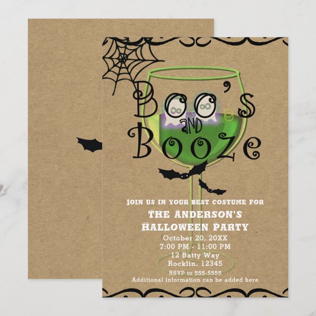 Boos & Booze Ghosts & Bats Kraft Halloween-Party Einladung (Vorne/Hinten)
