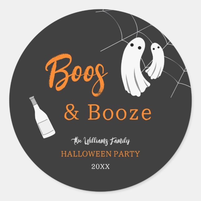Boos & Booze Halloween Orange & Black Einladung Runder Aufkleber (Vorderseite)