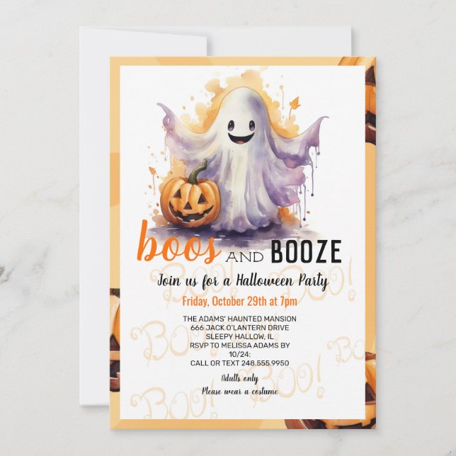 Boos und Booze Black Halloween-Party Einladung (Vorderseite)