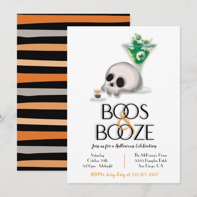 Boos und Booze Cocktail Modernes Halloween-Party Einladung (Vorne/Hinten)