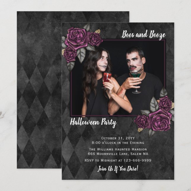 Boos und Booze Gothic Rose Foto Halloween Einladung (Vorne/Hinten)