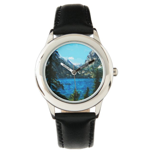 Boot auf dem Bergsee Abstrakter Impressionismus Armbanduhr (Vorderseite)