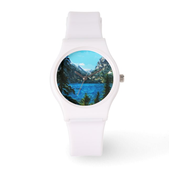 Boot auf dem Bergsee Abstrakter Impressionismus Armbanduhr (Vorderseite)