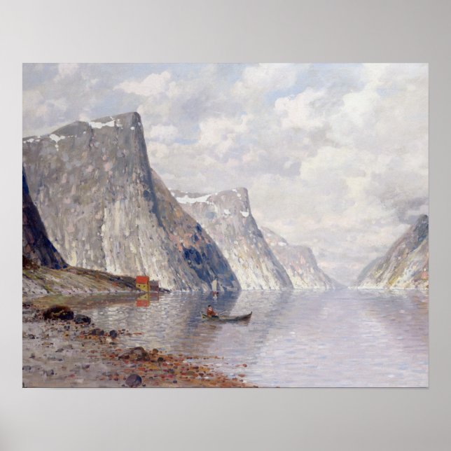Boot auf einem norwegischen Fjord (Öl auf Leinwand Poster (Vorne)