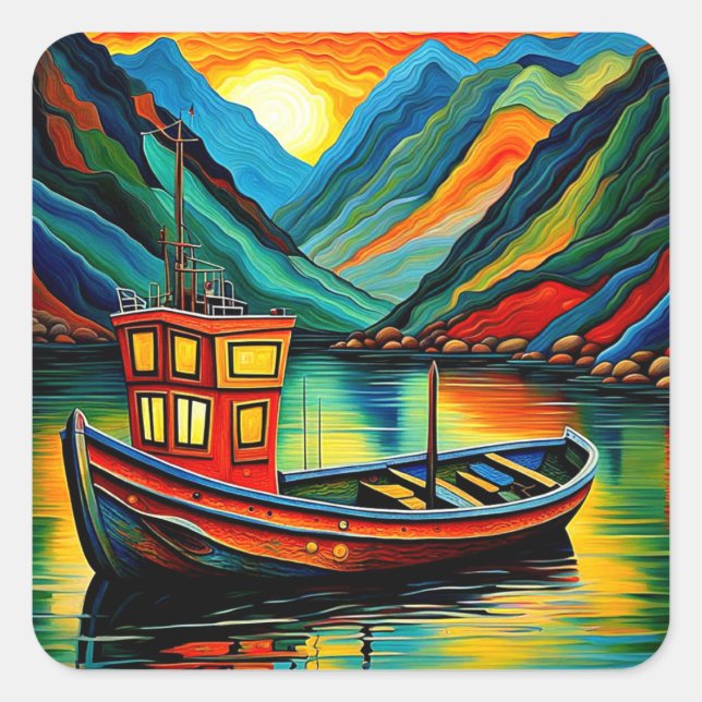 Boot im Fjord 17 Quadratischer Aufkleber (Vorderseite)