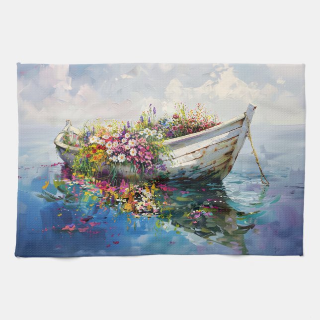 Boot mit farbenfrohen Wildblumen Geschirrtuch (Horizontal)
