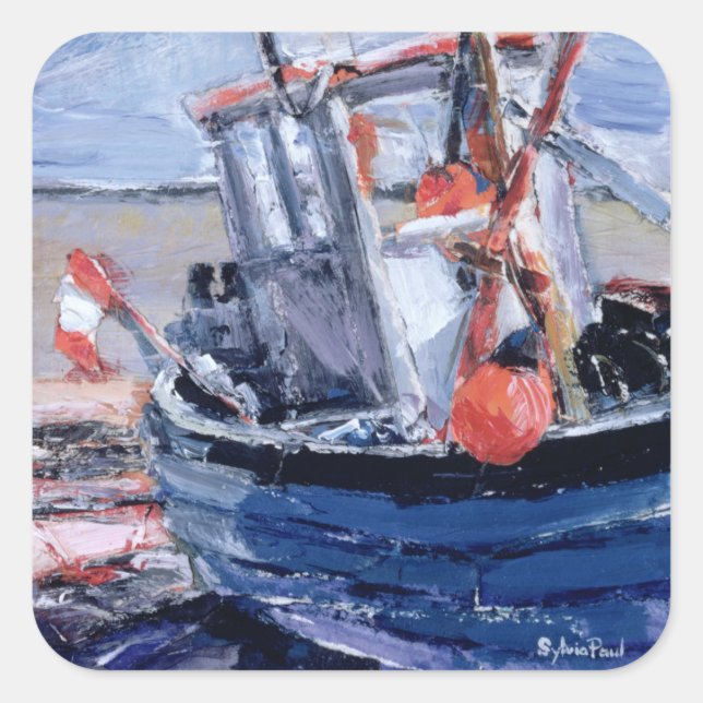 Boot mit Red Buoy Quadratischer Aufkleber (Vorderseite)