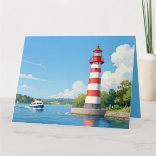 Boot nahe einem Leuchtturm Falte Grußkarte Karte