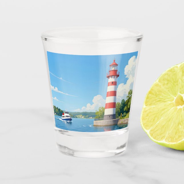 Boot nahe einem Leuchtturm Schnapsglas (Vorderseite)