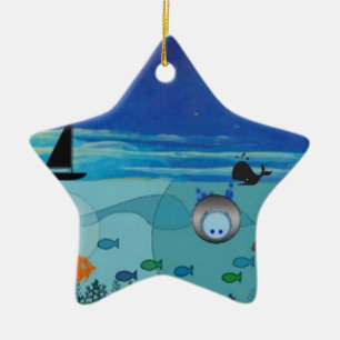 Boot, Wal, Taucher, Fischozeanszene Keramik Ornament