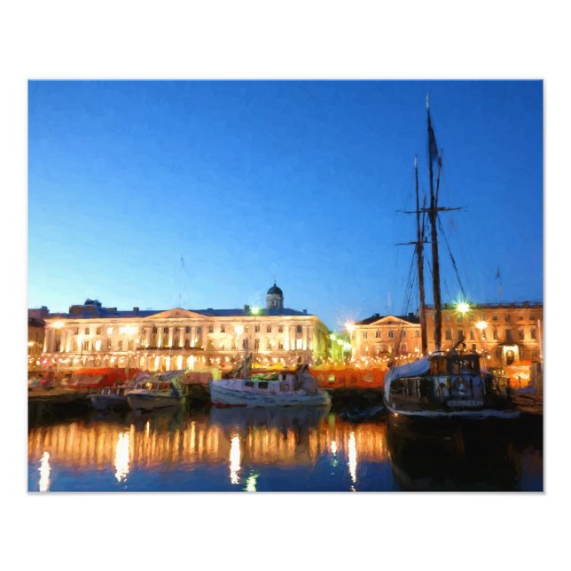 Boote am Helsinki Market Square im Abend Fotodruck (Vorne)