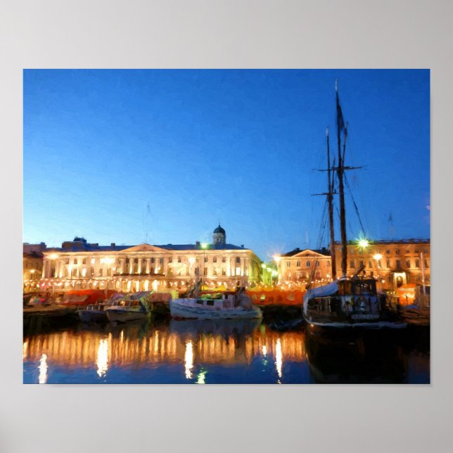 Boote am Helsinki Market Square im Abend Poster (Vorne)