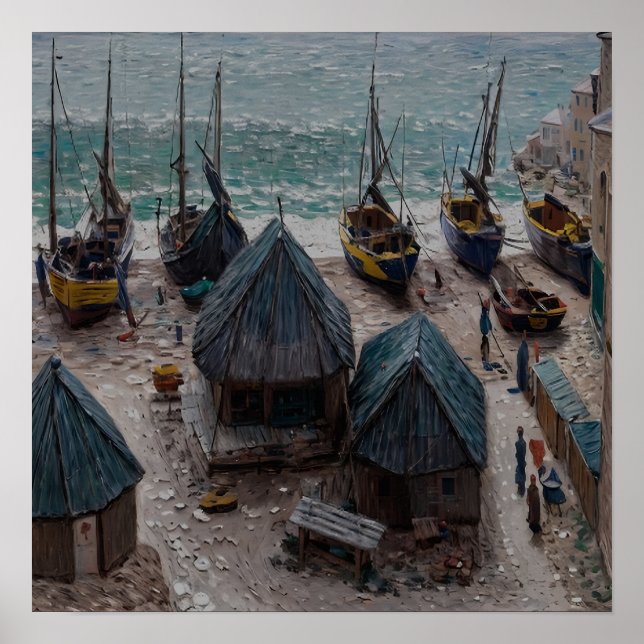 Boote am Strand von Étretat Poster (Vorne)