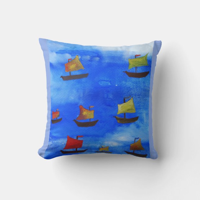 Boote Aquarell Blue Sea Throw Kissen (Vorderseite)
