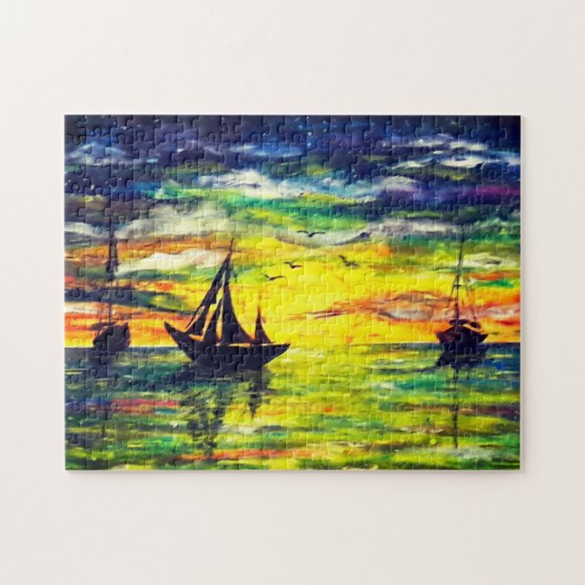 Boote im Sunset Jigsaw Puzzle - Malerei (Horizontal)