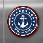 Boote oder Familienname Ankerstars Red White Blue Magnet<br><div class="desc">Stilvoll roter,  weißer und blauer runder Magnet mit einem eigenen nautischen Bootanker mit 13 Sternen und Ihrem personalisierten Bootnamen,  Familiennamen oder anderen gewünschten Text. Macht ein großartiges Geschenk für jeden Anlass.</div>