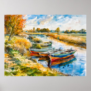 Boote ruhen am Fluss Havelland Aquarell Poster