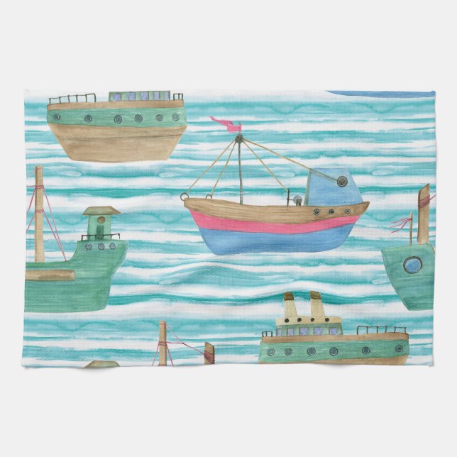 Boote Streifen: Aquarellmalerei Muster. Geschirrtuch (Horizontal)