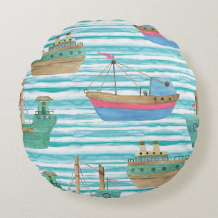 Boote Streifen: Aquarellmalerei Muster. Rundes Kissen