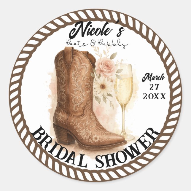 Booten und Bubbly Country Western Boot-Brautparty Runder Aufkleber (Vorderseite)
