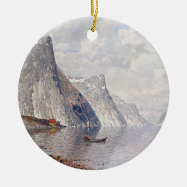 Bootfahrt auf einem norwegischen Fjord (Öl auf Keramik Ornament (Vorne)