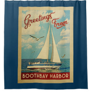 Boothbay Hafen-Segelboot-Vintage Reise Maine Duschvorhang