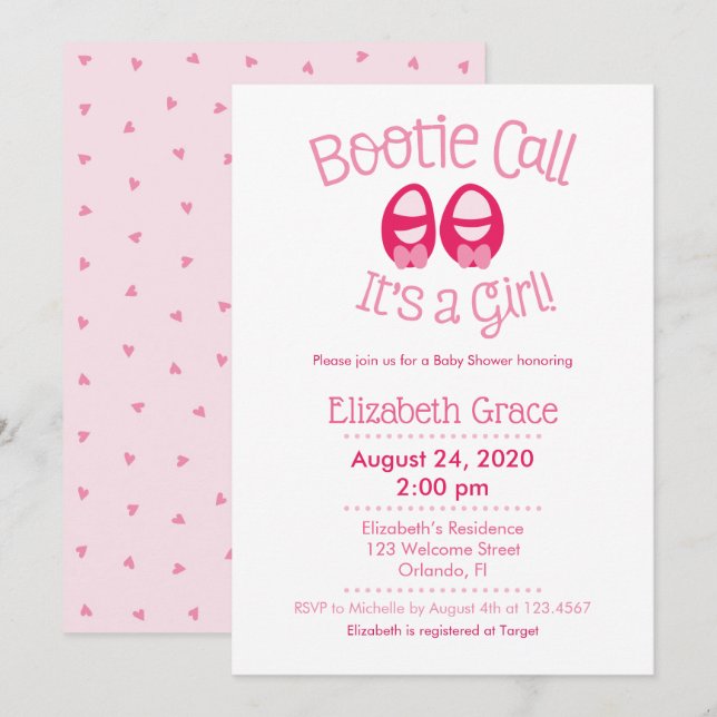 Bootie Call Pink Baby Girl Dusche Einladung (Vorne/Hinten)