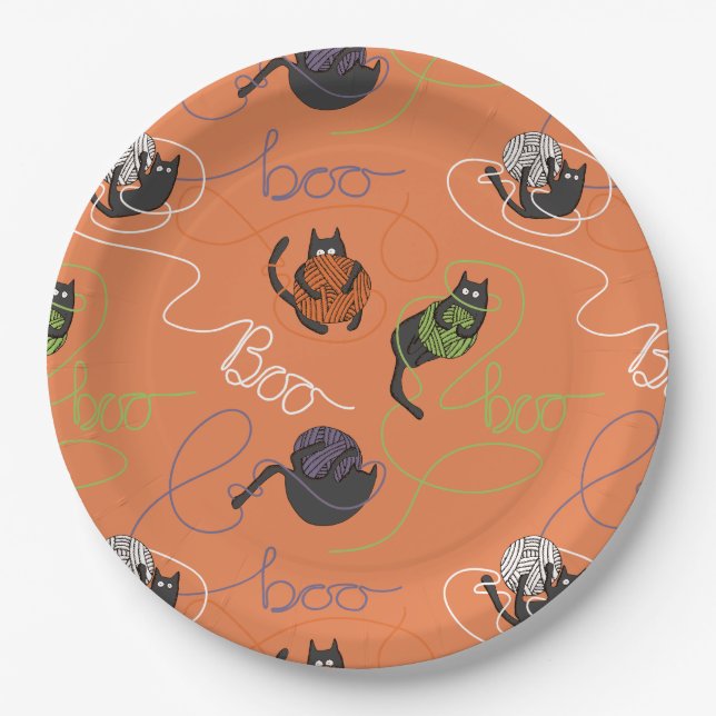 Bootigezähmtes Schwarzes Katzen und GarnHalloween Pappteller (Vorderseite)