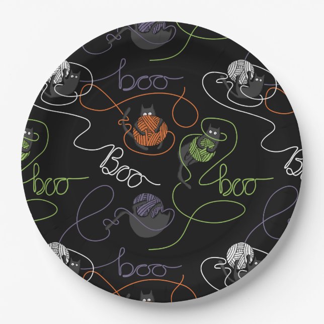 Bootigezähmtes Schwarzes Katzen und GarnHalloween Pappteller (Vorderseite)
