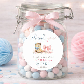 Boots And Bows Gender Reveal Thank You Runder Aufkleber