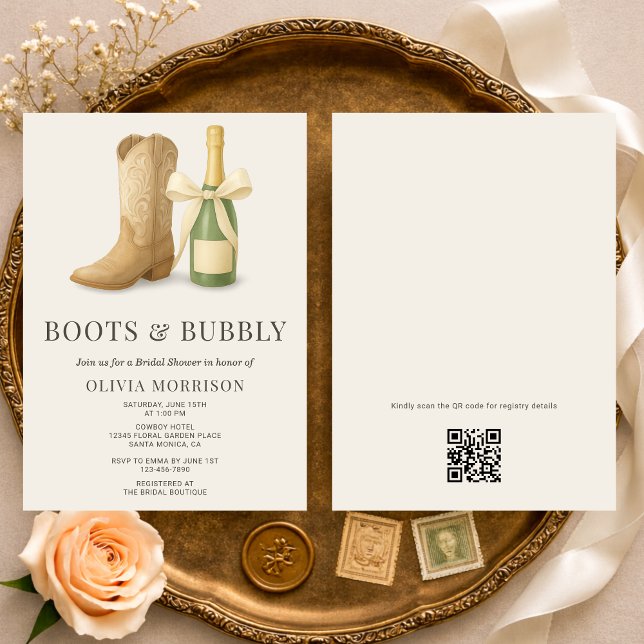 Boots and Bubbly QR Code Bow Bridal Shower Einladung (Von Creator hochgeladen)