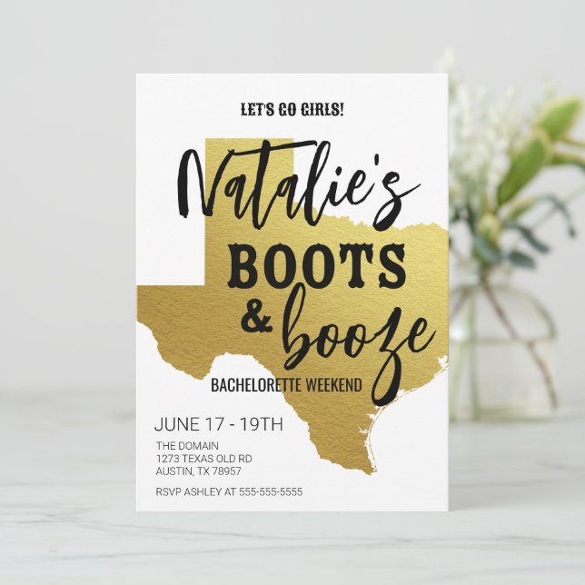 Boots & Booze Texas Bachelorette Einladung (Stehend Vorderseite)