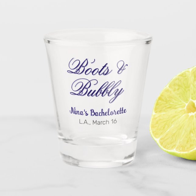 Boots & Bubble bachelorette party name purpleplace Schnapsglas (Vorderseite)