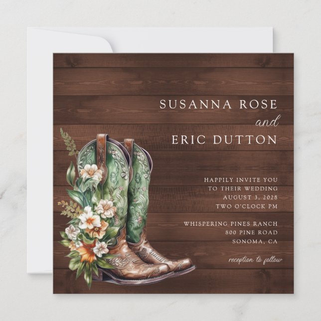 Boots Cowgirl Cowboy Floral Wedding Einladung (Vorderseite)