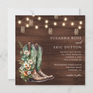 Boots Cowgirl Cowboy String Lights Floral Wedding Einladung