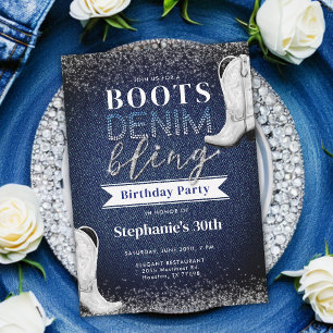 Boots Denim Bling Diamond Blue Jeans 30. Geburtsta Einladung