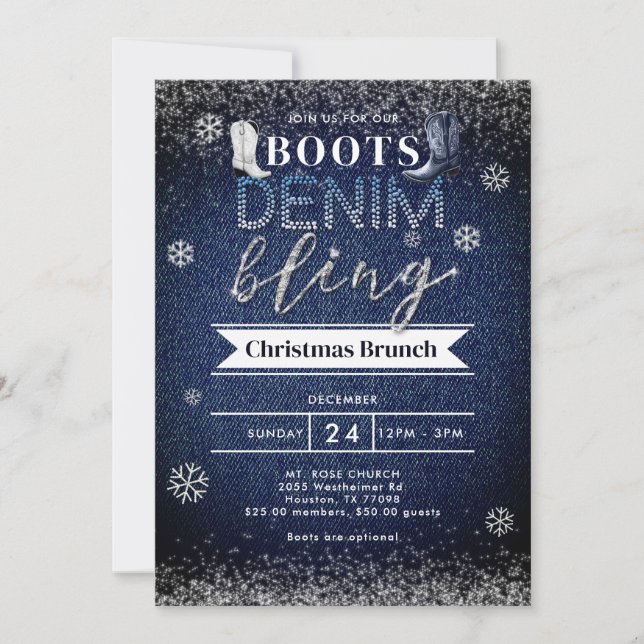 Boots Denim Bling Schnee Weihnachtskirche Party Einladung (Vorderseite)
