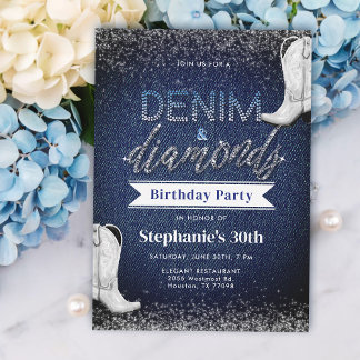 Boots Denim Diamonds Blue Jeans Chic 30. Geburtsta Einladung