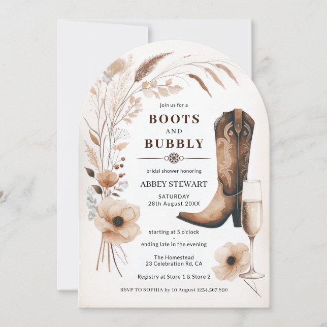 Boots et Bubbly Fête des mariées Invitation Arch (Devant)