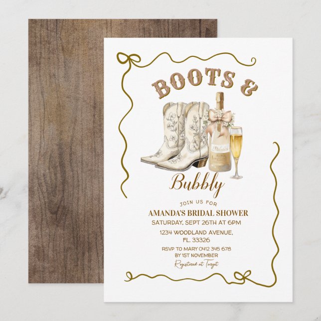 Boots et Bubbly Invitation de la douche nuptiale, (Devant / Derrière)