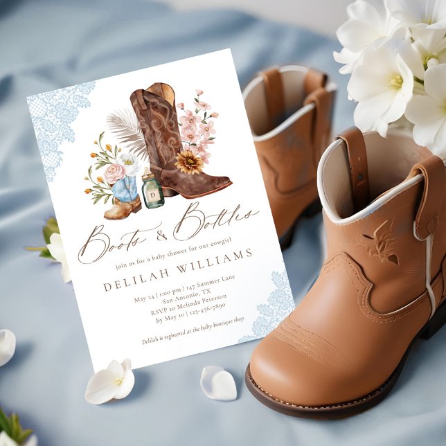 Boots & Flaschen Blue Cowboy Western Babydusche Einladung (Boots & Bottles Blue Cowboy Western Baby Shower Invitation)
