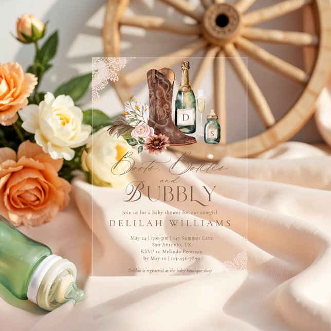 Boots Flaschen & Bubbly Country Western Babydusche Acryleinladungen (Boots Bottles & Bubbly Country Western Baby Shower Acrylic Invitations)