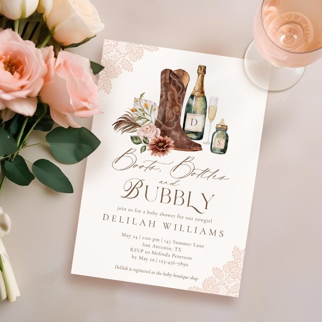 Boots Flaschen & Bubbly Country Western Babydusche Einladung (Boots Bottles & Bubbly Country Western Baby Shower Invitation)