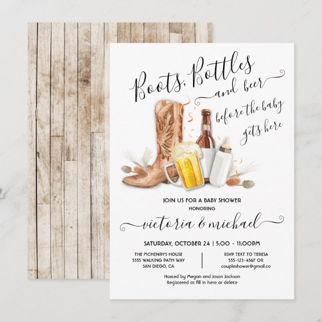 Boots Flaschen und Bier Baby Dusche Einladung (Vorne/Hinten)