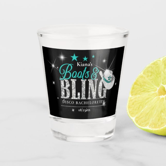 Boots 'n Bling Disco Bachelorette Aquamarin Black  Schnapsglas (Vorderseite)