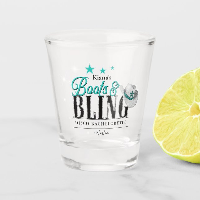 Boots 'n Bling Disco Bachelorette Aquamarin ID925 Schnapsglas (Vorderseite)