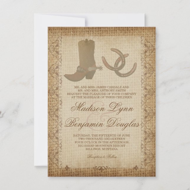 Boots Spurs Horseshoes Western Hochzeit Einladunge Einladung (Vorderseite)