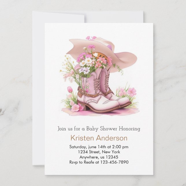 Boots und Hat Adventure Cowgirl Baby Shower Einladung (Vorderseite)