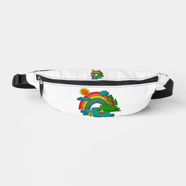 Bootslandschaft unter Sonnenwolken und Regenbogen Bauchtasche (Vorderseite)