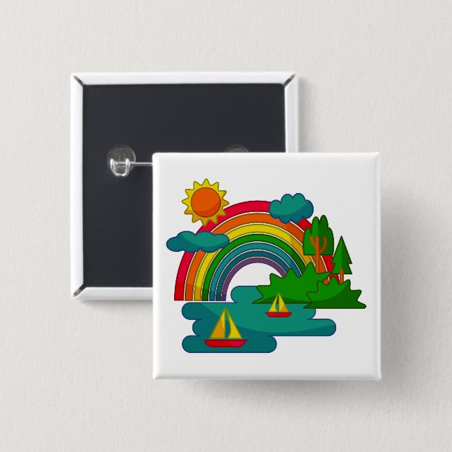 Bootslandschaft unter Sonnenwolken und Regenbogen Button (Vorne & Hinten)